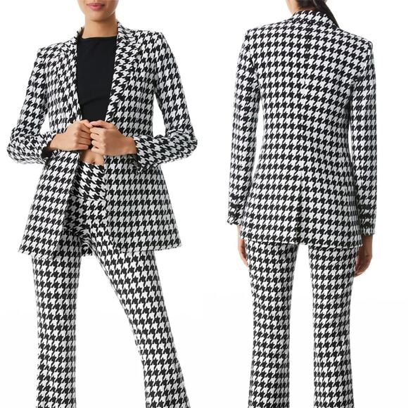 Alice + Olivia Breann Long Fitted Blazer Houndstooth Black White - Picture 1 of 11